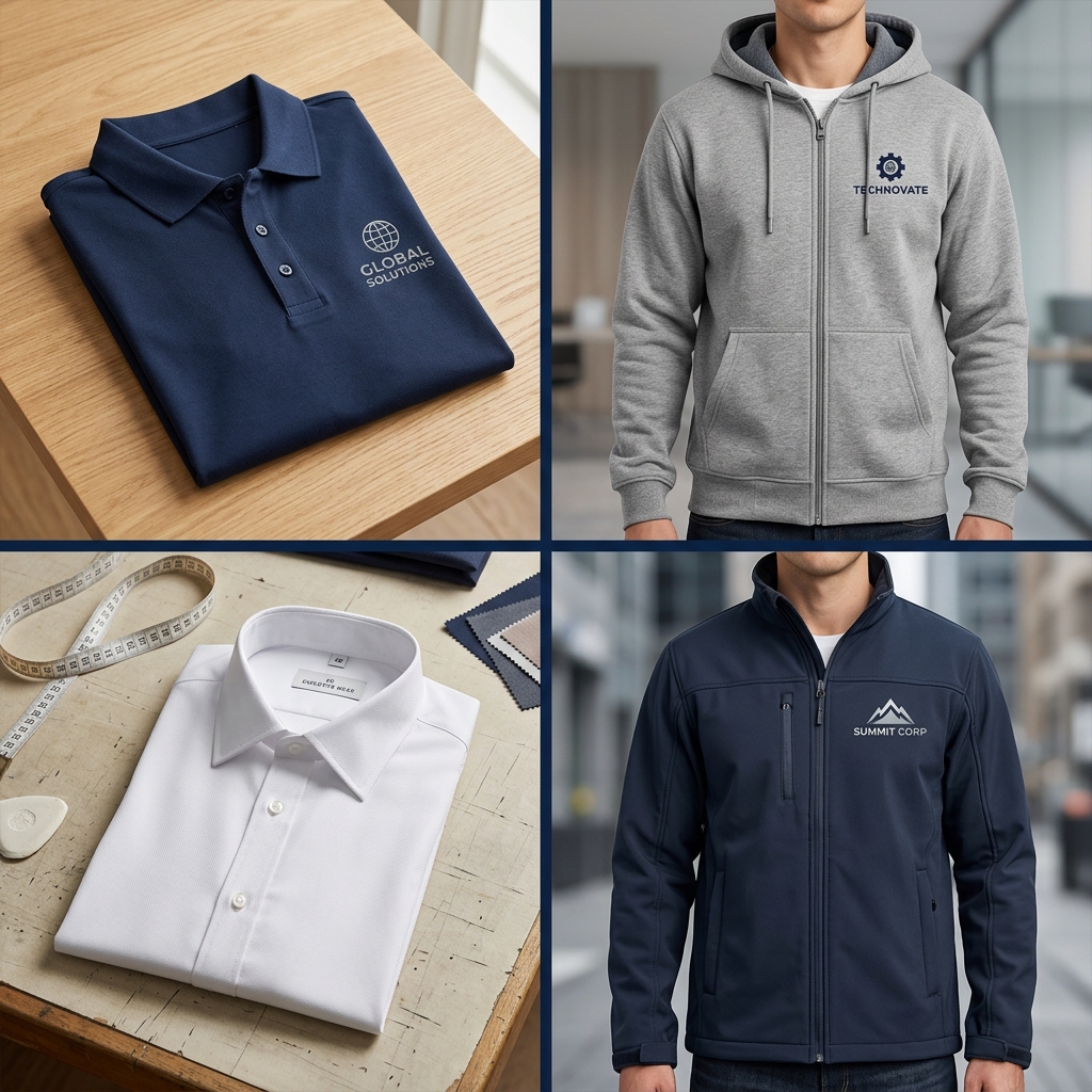 A clean, corporate fashion photography split into a 2x2 grid collage of polo shirts, hoodies, dress shirts, and jackets.